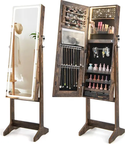 GOPLUS Schmuckschrank mit Spiegel, Spiegelschrank mit LED-Beleuchtung, Schmuckspiegel, Schmuck-Organizer abschließbar, Walnuss