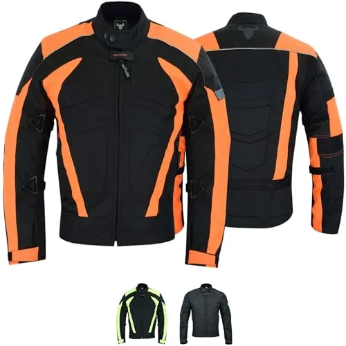 BULLDT Motorradjacke Herren textil kurze Bikerjacke mit CE2-Protektoren - Sportlich Bodyfit dehnbaren Einsätzen, 4 Taschen, Abnehmbar Futter, aus 4 Schichten, Winddicht, Reflektierend - Orange - 58