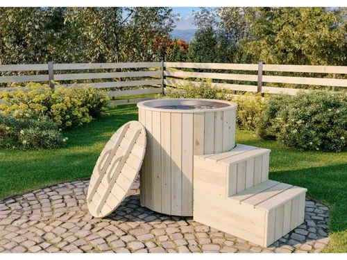 FinnTherm Cold Tub aus Holz - 19 mm Wandstärke - Swimmingpool Badezuber aus geölter Fichte, ideal für gesundheitsförderndes Eisbaden nach Sauna oder Hot Tub. Bequemer Einstieg, integriertes Ablassventil, für bis zu 2 Personen.