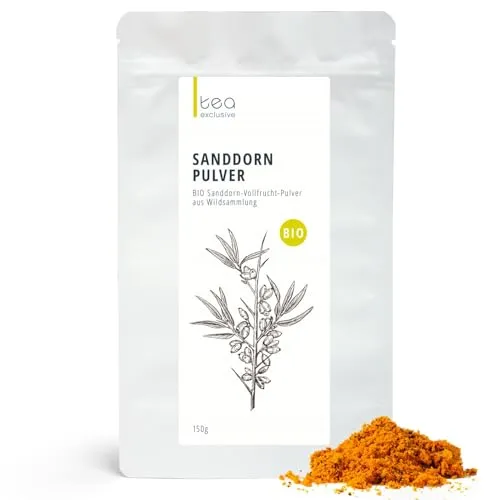 Sanddorn Pulver BIO - 150g Vollfruchtpulver aus Wildsammlung - Tees: 100% natürliche, gefriergetrocknete Sanddornfrüchte, reich an wertvollen Inhaltsstoffen und ideal für gesunde Smoothies und Müslis.