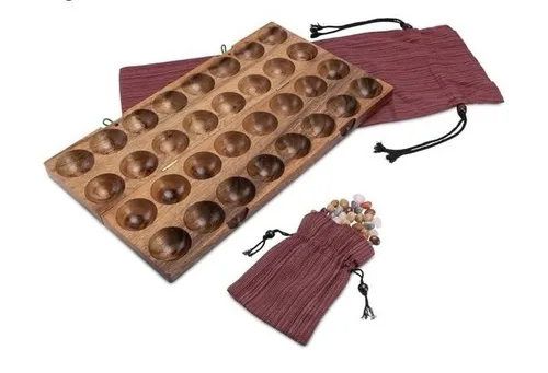 LOGOPLAY 85 Hus - Bao - Kalaha - Bohnenspiel - Muschelspiel - Edelsteinspiel - Gesellschaftsspiel aus massivem Samena-Holz, inklusive bunter Edelsteine und Stoffbeutel. Ideal für 2 Spieler und fördert strategisches Denken. Umweltfreundlich aus Plantagenanbau.