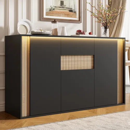 OKWISH Buffet Sideboard mit LED-Beleuchtung – Moderner Küchenschrank mit Holzmaserung