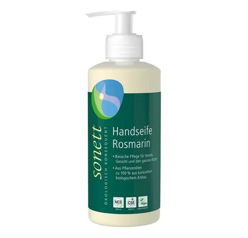 Sonett Handseife Rosmarin 300 ml - Handseife aus 100% biologischen Zutaten, ideal für die ganze Familie. Aktiviert mit Rosmarin und Fair-Trade-Kokosfett, sorgt für frische Hände und ist biologisch abbaubar.