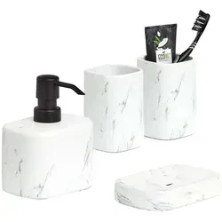 4-teiliges Badaccessoire-Set - Keramik Marmoroptik - Haushaltszubehör, stilvolles Set in moderner Marmoroptik für ein elegantes Badezimmer, enthält Seifenschale, Seifenspender und Zahnputzbecher aus Keramik.