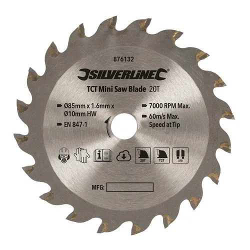 Silverline Mini-Hartmetall-Sägeblatt Durchmesser: 85 mm, Bohrung: 10 mm, 20 Z...