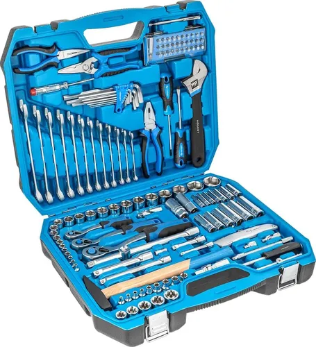 Högert Technik Werkzeugkoffer Gefüllt - 131-teiliges Set mit Steckschlüsseln und Bits - Werkzeug-Sets aus hochwertigem Chrom-Vanadium-Stahl, ideal für Heimwerker und Profis; mit 131 Teilen und praktischer Aufbewahrung im robusten Kunststoffkoffer.