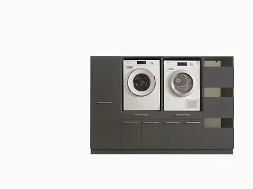 Laundreezy Waschmaschinenschrank - 2X Wäscheschrank und Mehrzweckschrank in Anthrazit - Podeste & Rahmen für Waschmaschinen - TÜV-zertifizierter Schrank mit Softclose-Türen und viel Stauraum für eine optimale Wäscheorganisation.