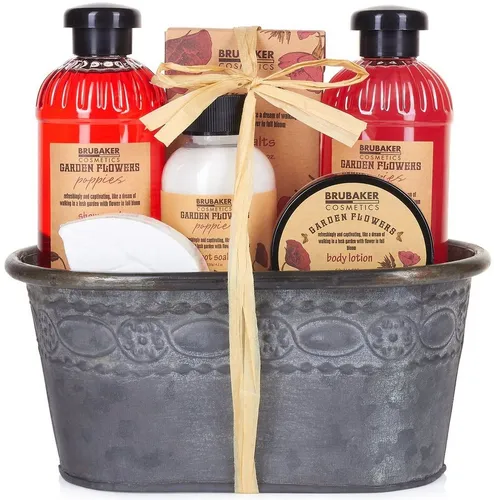 BRUBAKER Pflege-Geschenkset Dusch- und Badeset mit Mohnblumen Duft - Wellness Pflegeset für Damen, 7-tlg., Frauen Geschenkset im Vintage Pflanzkübel, Beauty