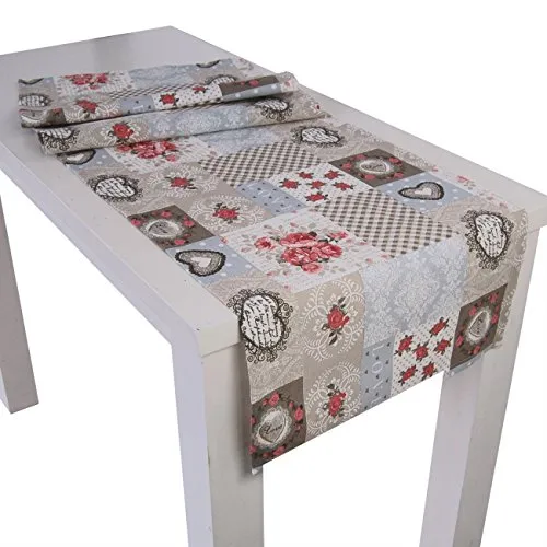 beties „Dorfkinder“ Tischläufer XL ca. 40x220 cm Tischband in großer Sortiments-und Größenauswahl - Shabby Chic für den perfekten Landhaus Style Farbe (Taupe-rot)