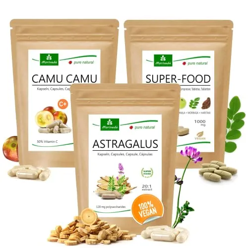 MoriVeda® Immunsystem Produktpaket | Superfood Tabletten & Kapseln - Vitamin C Präparate zur Stärkung des Immunsystems mit hochdosierten Superfood Tabletten und Astragalus-Kapseln, 100% vegan und reich an Antioxidantien.