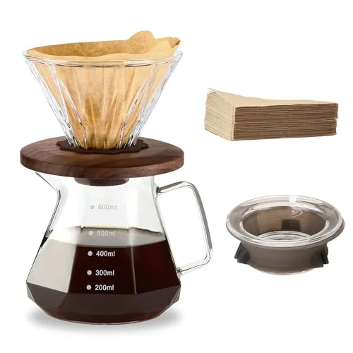 Polydremio Pour Over Kaffeebereiter, 600 ml Borosilikatglas-Karaffe mit 100 Stück Papierfilter Größe 02, Walnuss-Griff und Glasdeckel, transparent