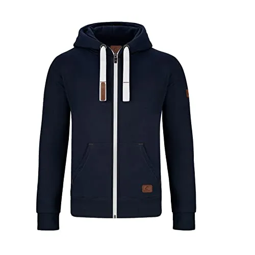 GYMAMBA Warme Sweatjacke Herren mit Lederpatches, Kapuze und durchgängigem Reißverschluss dunkelblau/weiß