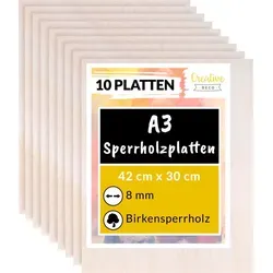 Creative Deco Bastelnaturmaterial Sperrholzplatte 8mm Birkensperrholz - 10-tlg. Set dünne Holz-Zuschnitte, ideal für Laubsäge, Brandmalerei und Laserschnitt. Perfekte Größe von 30 cm x 42 cm für kreative Bastelprojekte.