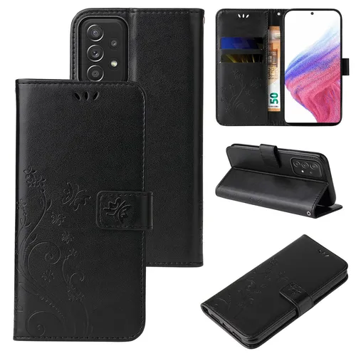 Handy Tasche für Samsung Galaxy A53 5G Handyhülle Blumen Buch Flip Cover Schwarz