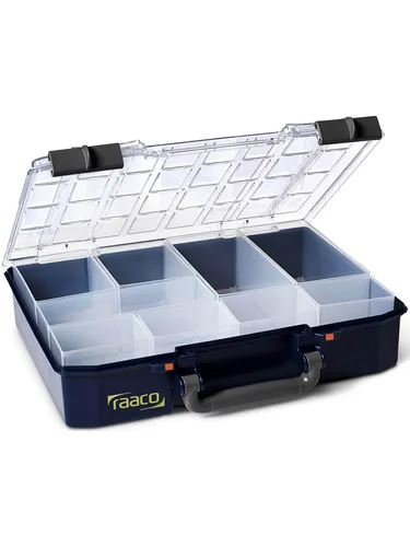 Raaco CarryLite 80 Sortimentskoffer 4x8-9 - Praktischer Sortimentskoffer mit 9 Fächern und Rastersystemen für sicheren Halt. Ideal für die Aufbewahrung von Kleinteilen und Werkzeugen.
