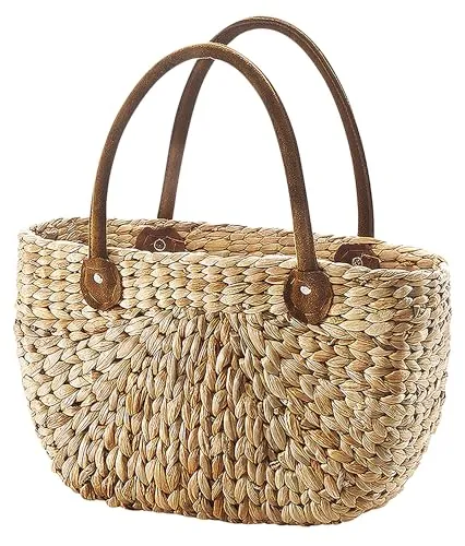 Kobolo Shopper Korbtasche aus Wasserhyazinthe mit Ledergriffen - Shopper aus geflochtener Wasserhyazinthe, ideal für den Sommerlook. Vielseitig einsetzbar für Einkäufe oder als Dekoobjekt im Boho-Stil.