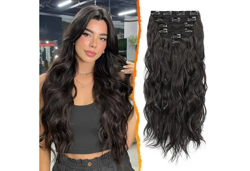 LuxusKollektion Kunsthaar-Extension Clip in Haarverlängerung 50CM Lang Wellig Schwarz Braun 6PCs Voller