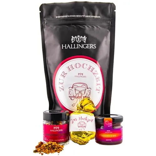 Hallingers Genuss Manufaktur Geschenkkorb Geschenkset – Feinkost Mix, Heiraten Wundertüte Hochzeits-Set Nougat Busserl, Coldbrew Eistee & Erdbeer Konfitüre