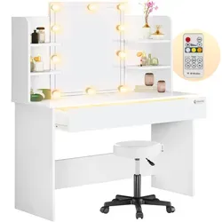 Casaria Schminktisch Lucia mit LED Spiegelbeleuchtung und Hocker - Schminktisch mit innovativem Schubladenlicht und 10-stufig dimmbarer LED-Beleuchtung. Ideal für eine stilvolle Kosmetikecke, inklusive höhenverstellbarem Rollhocker und vielen Ablagen.