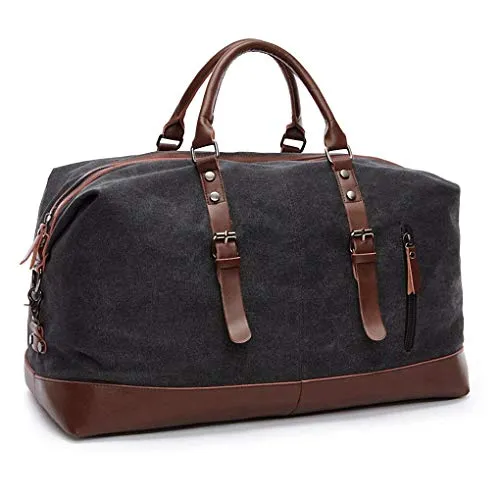 TILEMALL Oversized Canvas Reisetasche Umhängetasche Umhängetasche Nacht Weekend Tasche Damen Herren PU Leder Griff, Schwarz, 54cm*33cm*24cm