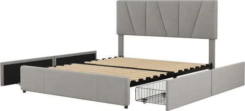 Doppelbett,Polsterbett(Grau,140*200cm)Kingsize Polster Plattform Bett mit vier Schubladen auf zwei Seiten, Verstellbares Kopfteil
