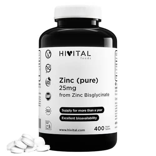 Zink 25 mg der Zinkbisglycinat. 400 vegane Tabletten für eine Behandlung von mehr als 1 Jahr. Hochwertiges elementares Zink. Hergestellt von HIVITAL
