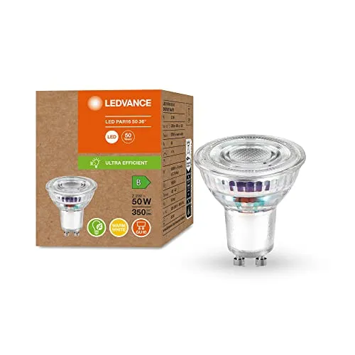 Ledvance LED Stromsparlampe, PAR16 Reflektor mit GU10 Sockel, Warmweiß (3000K), 2.1W, ersetzt herkömmliche 50W-Leuchtmittel, besonders hohe Energieeffizienz und stromsparend, LEAD FREE GLASS, 1er-Pack