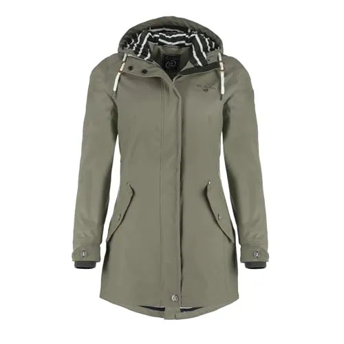 Dry Fashion Damen Regenmantel Kiel - Winddicht und Wasserdicht in Oliv, Größe 52 - Funktionsjacke für stilvolle Regentage mit verstellbarer Kapuze und figurbetonter Passform. Ideal für unbeständiges Wetter dank verschweißter Nähte und verlängertem Rückenteil.