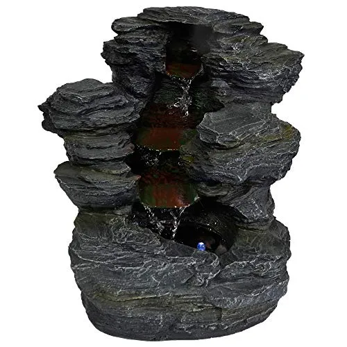 Köhko Zimmerbrunnen 11005: Eleganter Gartenbrunnen in Schieferoptik mit LED-Beleuchtung - Brunnen aus hochwertigem Kunststein mit LED-Beleuchtung. Ideal für Terrasse und Wintergarten, pflegeleicht und energieeffizient.