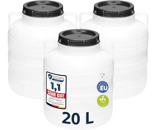 Garronda Set 3x 20 Liter Weithalsfass BPA-frei - Set aus 3 BPA-freien Fässern, ideal für Lebensmittel, Futter oder Regenwasser. Robuste Qualität, vielseitig einsetzbar für Haus, Garten und Werkstatt.