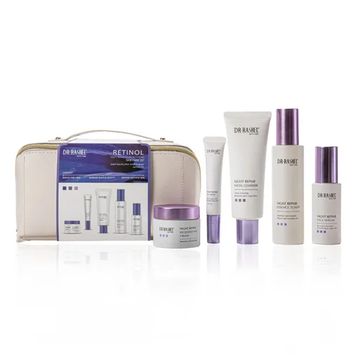 Gesichtspflege Set mit Retinol 5-teilig - Night Repair Routine für strahlende Haut - 5-teiliges Set zur Unterstützung der Hautpflege mit hochwirksamen Inhaltsstoffen. Enthält Serum, Augencreme, Gesichtscreme, Reinigung & Toner für eine umfassende Pflege und ein frisches Hautbild. Ideal für die tägliche Anwendung.