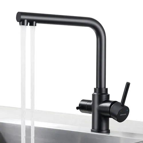 BONADE 3 Wege Wasserhahn Schwarz Matt, 360° Drehbar Küchenarmatur Trinkwasserhahn mit 2 Hebel, Mischbatterie Küche für Wasserfilter, 3-in-1 Armatur für Wasserfilter, Spültischarmatur aus Edelstahl