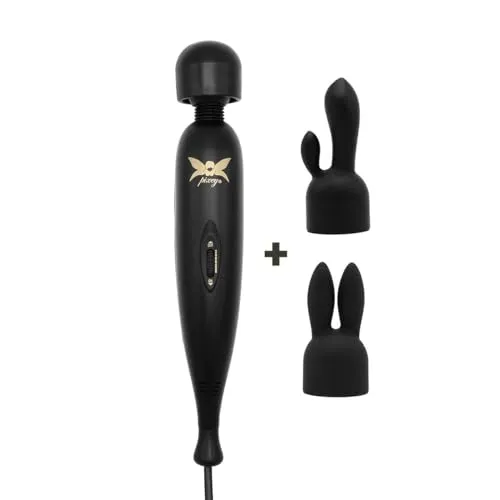 Pixey Wand-Vibrator Turbo All-in-One - sehr starker Auflege-Vibrator, stufenlose Geschwindigkeit, mit Netzkabel und 2 Aufsätzen, (Black-Edition, schwarz)