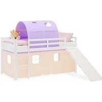 Homestyle4u Hochbett in Weiß und Lila - Kinderzimmermöbel mit integrierter Rutsche und stabiler Leiter, flexibel montierbar für sicheres Spielen und Träumen. Ideal für kleine Abenteurer!