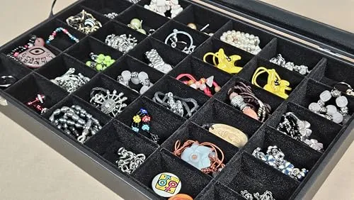 Schmuckkasten Schmucklade Schaukasten Schmuckdisplay mit Glasdeckel schwarz (36 Fächern)