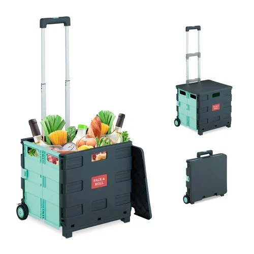 relaxdays Klappbarer Einkaufstrolley mit Deckel, Türkis-Anthrazit
