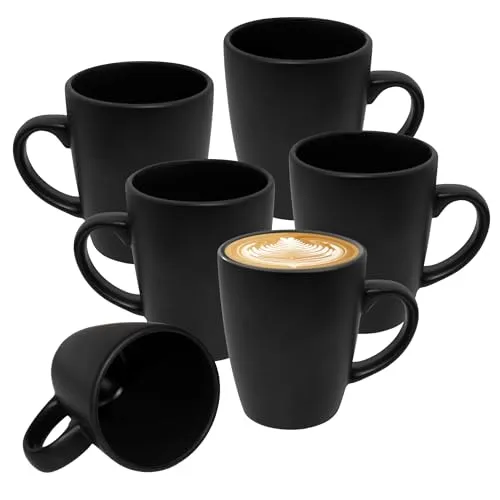 Feinkeramik Kaffeetasse 330 ml schwarz matt - 6er Set - Porzellan Kaffeebecher mit Henkel 12 x 10 cm - Steingut Tasse für Kaffee Tee Kakao Matcha Trinktasse Teebecher Mug Kaffeepott