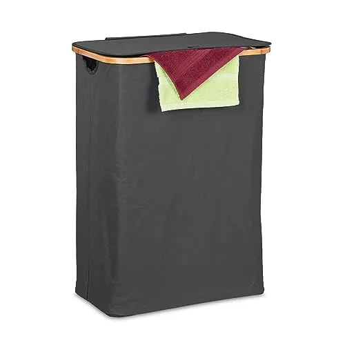 Relaxdays Wäschekorb mit Deckel, 105 l, Wäschesammler, Bambus & Polyester, faltbar, tragbar, Wäschekiste, schwarz/Natur