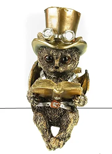 VOGLER Steampunk Katze mit Zylinder - 16 cm Kantenhocker Figur - Sammlerfigur aus hochwertigem, handbemaltem Polyresin, detailreich gestaltet und ideal zur Verschönerung Ihres Zuhauses.