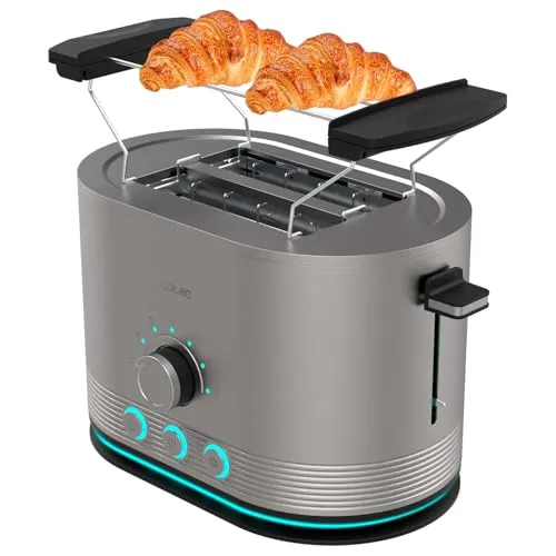 Cecotec Shine&Toast Double Edelstahl Toaster - Toaster mit 850W für 2 Scheiben, breiten Schlitzen für dickes Brot und 7 Röststufen. Mit Leuchtring für klare Anzeige und oberen Stangen für Gebäck – ideal für jeden Frühstücksgenuss.