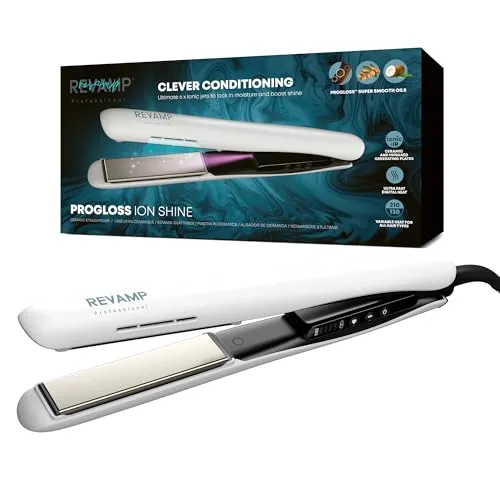 Revamp Progloss Ion Shine Keramik-Glätteisen mit Ionen-Technologie für jederzeit frizzfreie Ergebnisse, angereichert mit Progloss Smooth Keratin, Argan- und Kokosöl, verschiedene Hitzestufen, Weiß