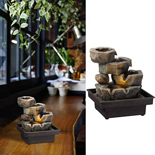 Zimmerbrunnen mit Beleuchtung │in Steinoptik Höhe 22 cm│Feng Shui Design │Springbrunnen mit Pumpe (1 x LED Brunnen Design6)