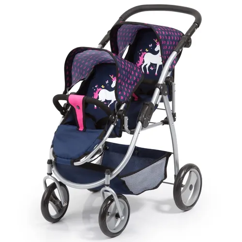 Bayer Design Zwillingspuppenwagen mit Einhorn Motiv - Stylischer Zwillingspuppenwagen für Puppen bis 46 cm, höhenverstellbarer Griff und zusammenklappbar für einfachen Transport. Ideal für kleine Puppenmamas!