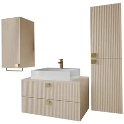 MIRJAN24 Badmöbel-Set Gariano I - Wüstensand - Elegantes Badmöbel-Set mit 2 Badezimmerschränken und Waschbeckenschrank, inklusive Siphon. Metallgriffe in Gold verleihen einen Hauch von Luxus für Ihr Badezimmer.