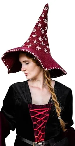 Leonardo Carbone® Hexenhut Star - Hexenkostüm, Mittelalter Kleidung Kopfbedeckung, Halloween Kostüm Damen, Witcher Hat, Zauberer Hut, LARP-Kleidung, Karneval, Cosplay - 100% Wolle Rot