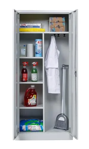Produktbild furni24 Metall Putzmittelschrank – Wäscheschrank aus Stahl mit Türen,Dreipunktverriegelung incl. 2 Schlüsseln, Garderobenstange, großen Fächern, Hutablage, fertig montiert