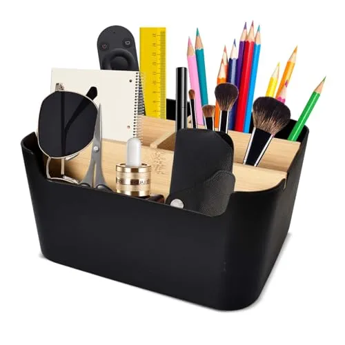 Naapesi Schreibtisch-Organizer mit 5 Fächern, Aufbewahrungsbox aus Kunststoff und Holz, Multifunktionaler Abnehmbarer Schreibtischhalter für Fernbedienungen, Kosmetika, Stifte und Brillen (Schwarz)