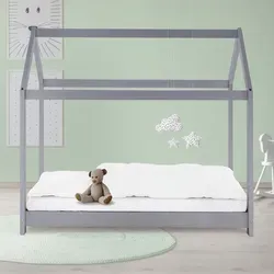 Hellgraues Kinderbett 80x160 cm – Modernes Kinderhaus Bett aus Kiefernholz