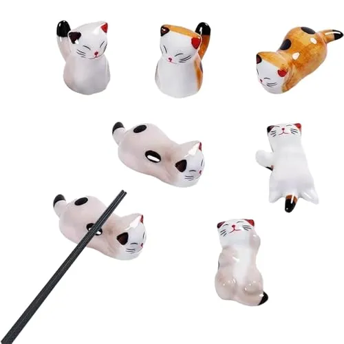 Vastsea 6 Stück Katze Stäbchen Halter, Stäbchen Rest Gabel Halter, Gabel Messer Halter Handwerk Ornamente, Gelten Für Hauptdekoration Geschenk Set(Gelb und Grau)