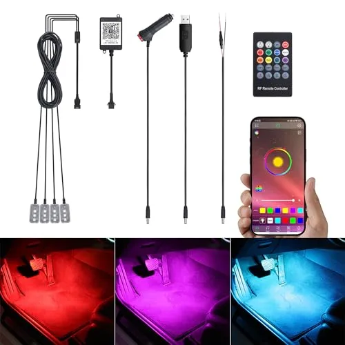 TABEN RGB Innenraum-Umgebungslicht-Kit, 4-teilig 48-APP-Controller + RF-Fernbedienung, Synchronisierung mit Musik Sound Aktive Speicherfunktion Fahrzeugbeleuchtung mit Autoladegerät DC 12V